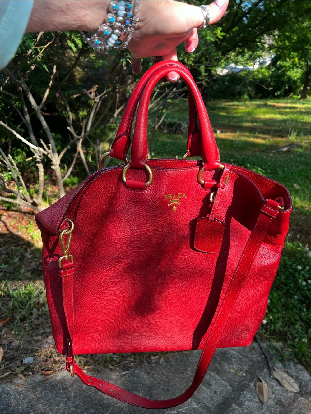 PRADA DARK RED VITELLO DAINO LEATHER LARGE CROSSBODY/TOTE BAG
